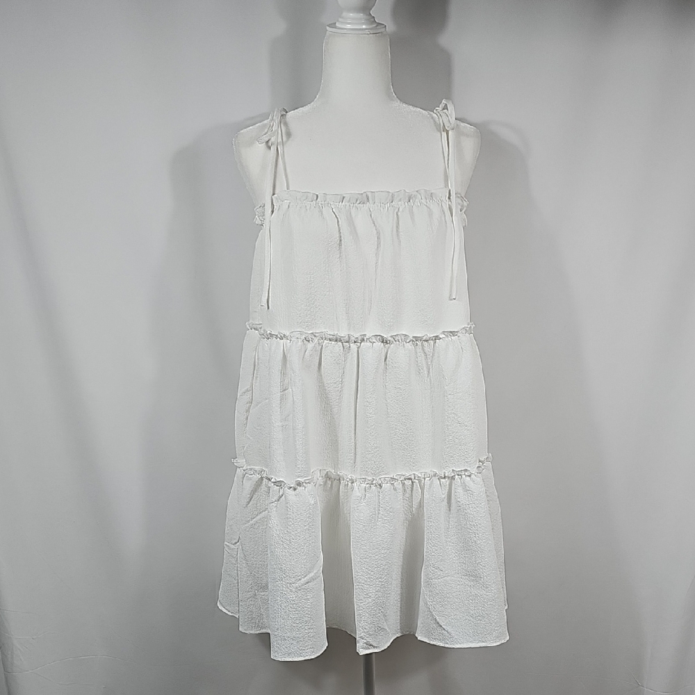NWOT HYFVE White Babydoll Mini Sundress Layered Tie Straps Size L Sleeveless